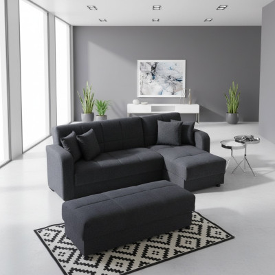 Divano ad angolo a L con pouf nero, set completo per soggiorno di lusso 2 pezzi. Mobili di lusso.