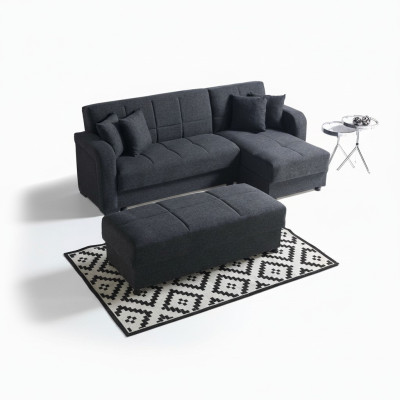Divano ad angolo a L con pouf nero, set completo per soggiorno di lusso 2 pezzi. Mobili di lusso.
