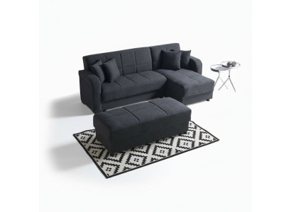 Divano ad angolo a L con pouf nero, set completo per soggiorno di lusso 2 pezzi. Mobili di lusso.