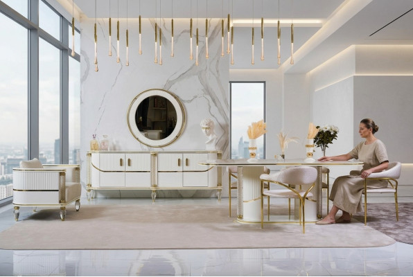 Lussuoso set da sala da pranzo con tavolo da pranzo + 6 sedie + credenza gruppo da pranzo sideboard 8 pezzi