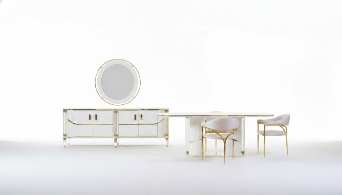 Lussuoso set da sala da pranzo con tavolo da pranzo + 6 sedie + credenza gruppo da pranzo sideboard 8 pezzi