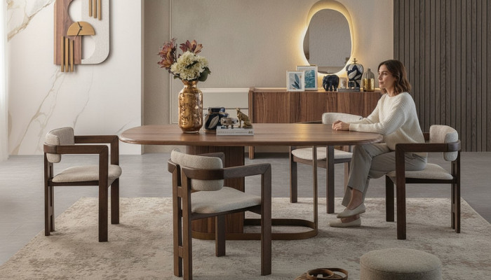 Set da pranzo di lusso Tavolo da pranzo + 6 sedie + Credenza + Specchio 9 pezzi Moderno
