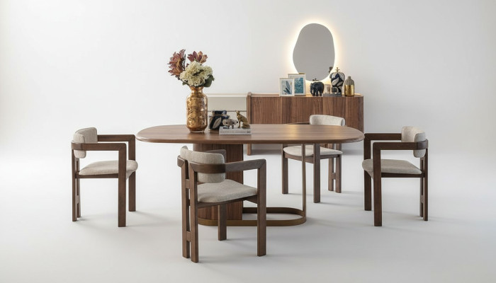 Set da pranzo di lusso Tavolo da pranzo + 6 sedie + Credenza + Specchio 9 pezzi Moderno