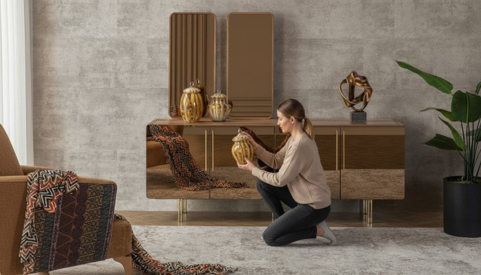 Sideboard con 2 specchi - lussuoso set di mobiletti con cassetti in legno, moderno.