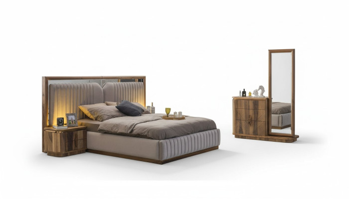Set da camera da letto moderno letto + 2 comodini + cassettiera con specchio Modern
