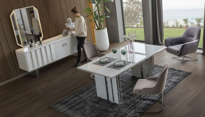 Set da pranzo di lusso - tavolo da pranzo + 6 sedie + credenza con specchio, moderno e completo.