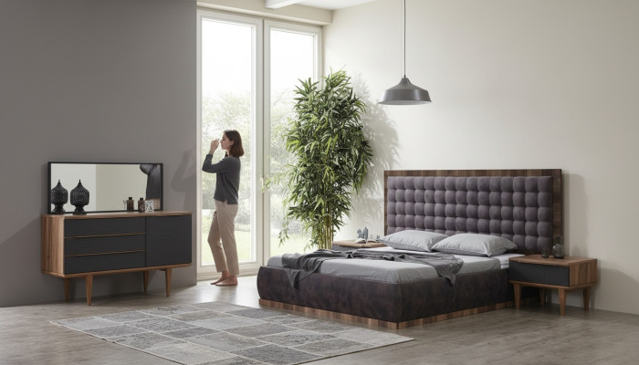 Set da camera da letto Letto + 2 comodini + cassettiera + specchio Mobili design 5 pezzi