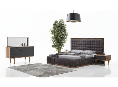 Set da camera da letto Letto + 2 comodini + cassettiera + specchio Mobili design 5 pezzi