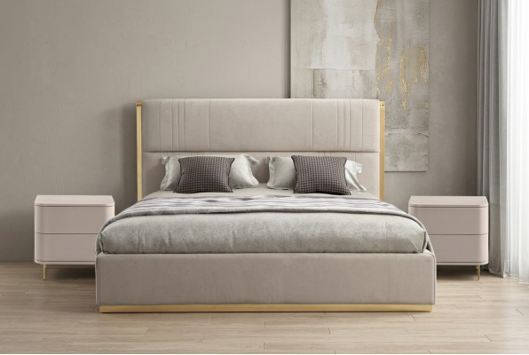 Set da camera da letto Letto Grigio Metallo Tessuto Design di lusso 2 comodini 3 pezzi Nuovo