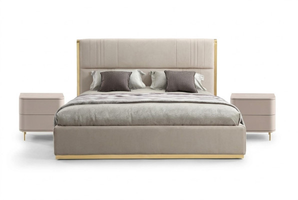 Set da camera da letto Letto Grigio Metallo Tessuto Design di lusso 2 comodini 3 pezzi Nuovo