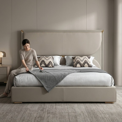 Lussuosa camera da letto Letto Mobili di design Letto matrimoniale Bianco Tessile Letti Legno Nuovo