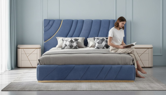 Camera da letto con letto, 2 comodini, 3 pezzi. Blu nuovo. Moderno. Mobili di lusso completi.
