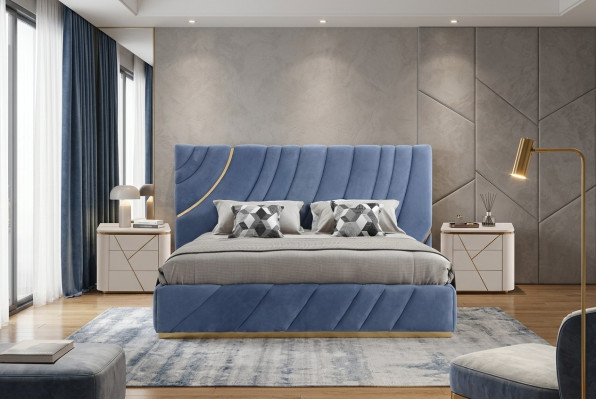 Camera da letto con letto, 2 comodini, 3 pezzi. Blu nuovo. Moderno. Mobili di lusso completi.