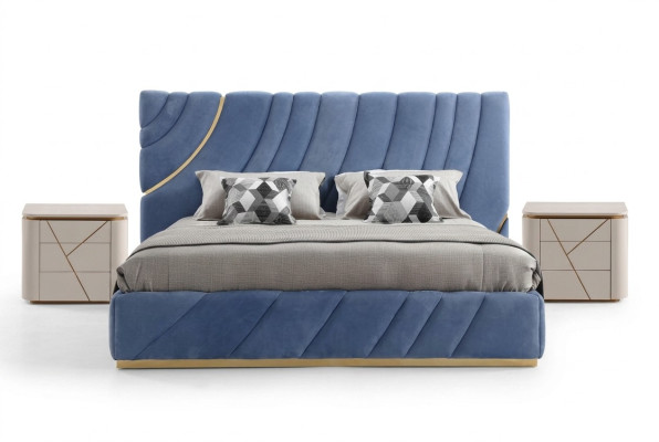 Camera da letto con letto, 2 comodini, 3 pezzi. Blu nuovo. Moderno. Mobili di lusso completi.