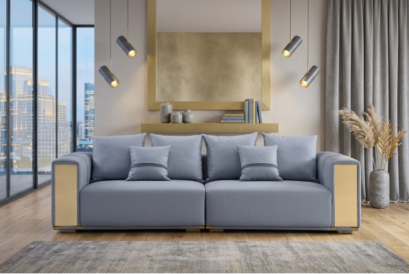 Divano di lusso a 4 posti, divano imbottito blu in tessuto, design sedile, divano moderno nuovo.