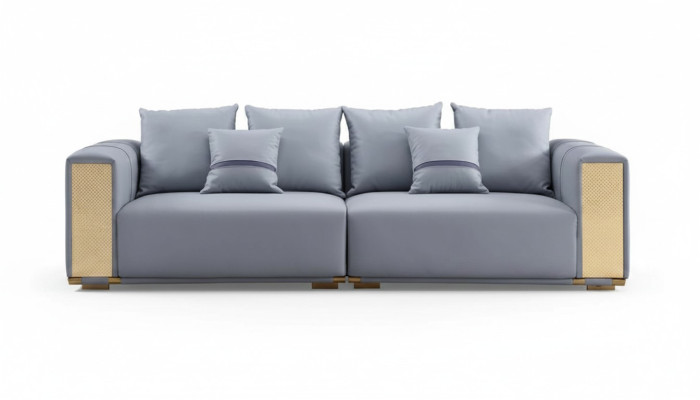 Divano di lusso a 4 posti, divano imbottito blu in tessuto, design sedile, divano moderno nuovo.