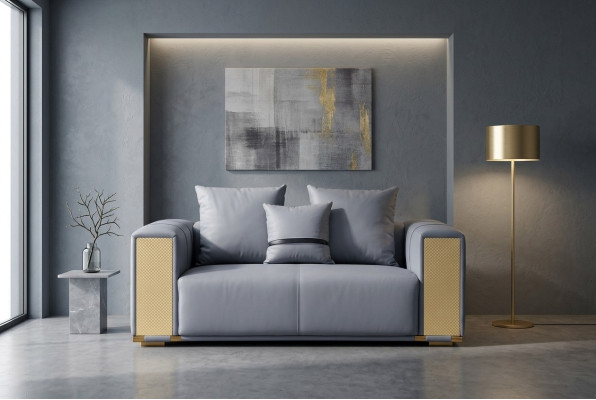 Sofà per il soggiorno di lusso a due posti in tessuto blu, design moderno.