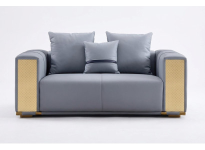 Sofà per il soggiorno di lusso a due posti in tessuto blu, design moderno.