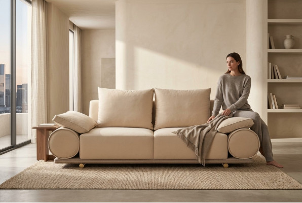Divano moderno a 3 posti colore bianco, divano imbottito design per il soggiorno nuovo.