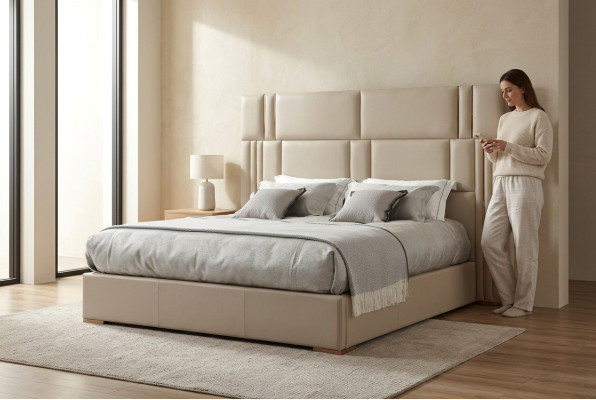 Camera da letto di lusso Letto Mobile design Letto matrimoniale Bianco Tessile Legno Nuovo