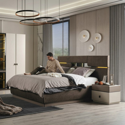 Set da camera da letto con letto di lusso colore marrone e 2 comodini 3 pezzi nuovi