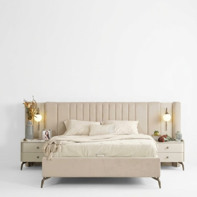 Camera da letto di lusso con letto e 2 comodini, set di design per arredamento 3 pezzi.