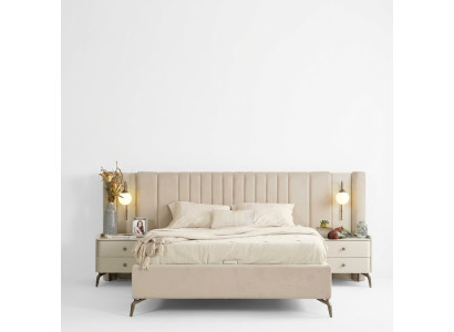 Camera da letto di lusso con letto e 2 comodini, set di design per arredamento 3 pezzi.
