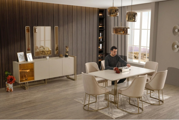 Lussuoso set da sala da pranzo Tavolo + 6 sedie + credenza + 3 specchi 11 pezzi