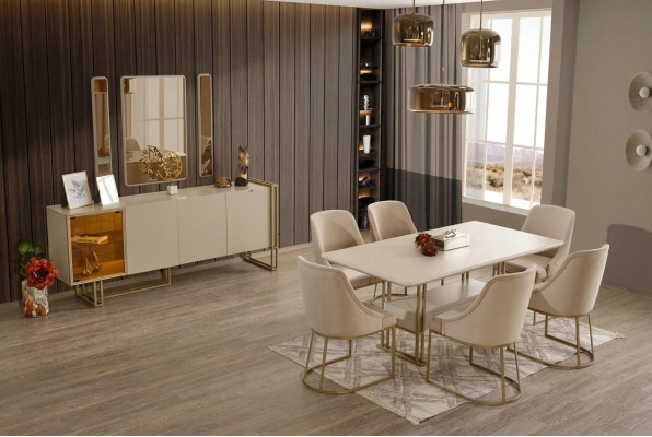Lussuoso set da sala da pranzo Tavolo + 6 sedie + credenza + 3 specchi 11 pezzi