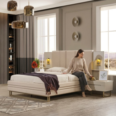 Set da camera da letto di lusso completo Beige Letto 2x Comodini Moderni