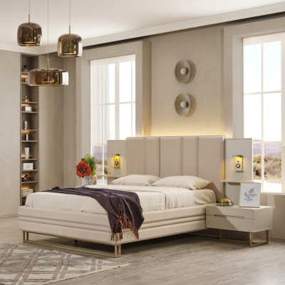 Set da camera da letto di lusso completo Beige Letto 2x Comodini Moderni