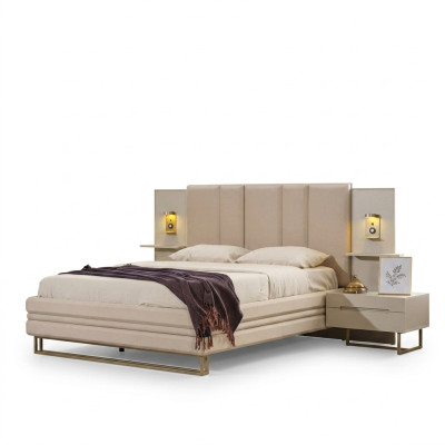 Set da camera da letto di lusso completo Beige Letto 2x Comodini Moderni