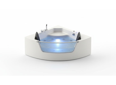 Vasca idromassaggio angolare con illuminazione a LED in vetro e rubinetti per vasca da bagno.