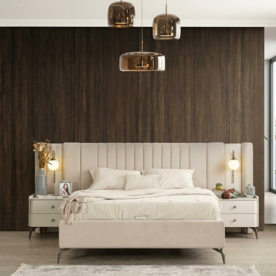 Set di mobili imbottiti per camera da letto bianca con letto matrimoniale elegante e 2 comodini