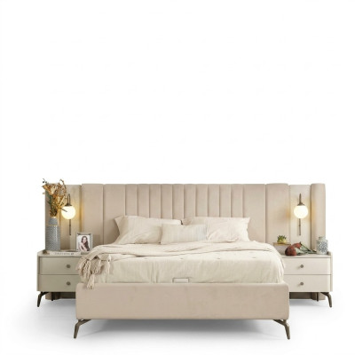 Set di mobili imbottiti per camera da letto bianca con letto matrimoniale elegante e 2 comodini