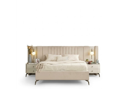 Set di mobili imbottiti per camera da letto bianca con letto matrimoniale elegante e 2 comodini