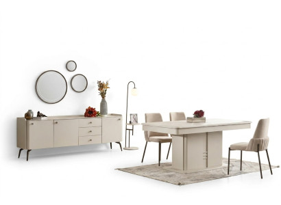 Moderna combinazione da pranzo tavolo in legno 4x sedie in tessuto elegante credenza 6 pezzi
