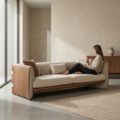 Divano beige di lusso a tre posti moderno in tessuto per arredamento.