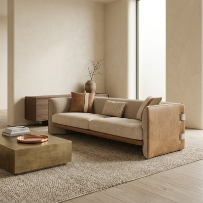 Divano beige di lusso a tre posti moderno in tessuto per arredamento.