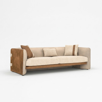 Divano beige di lusso a tre posti moderno in tessuto per arredamento.
