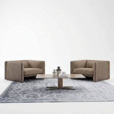 2x Poltrone di lusso soggiorno Tavolino in legno Moderno Arredamento Tessuto Poltrone imbottite