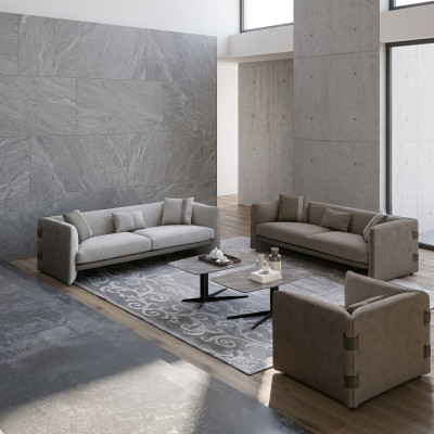 Set soggiorno grigio 7 pezzi moderno 2 divani a tre posti poltrone imbottite nuove