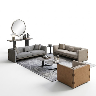 Set soggiorno grigio 7 pezzi moderno 2 divani a tre posti poltrone imbottite nuove