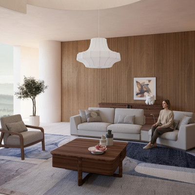Mobili imbottiti Divano Divano a tre posti Design del soggiorno Poltrona in legno Tessuto