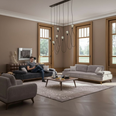 Set da soggiorno grigio: divano a due posti con divano a tre posti, design tavolino.