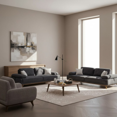 Set da soggiorno grigio: divano a due posti con divano a tre posti, design tavolino.