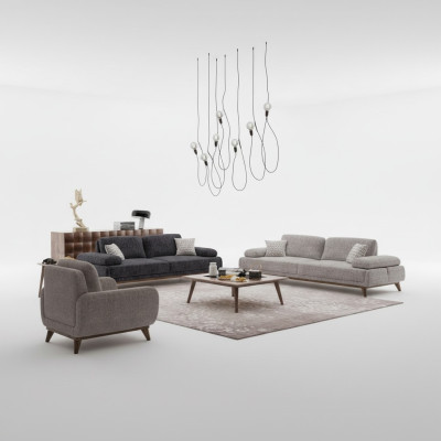 Set da soggiorno grigio: divano a due posti con divano a tre posti, design tavolino.