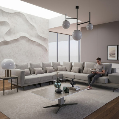 Divano design angolare a L in tessuto per il soggiorno con tavolino.