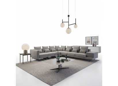 Divano design angolare a L in tessuto per il soggiorno con tavolino.
