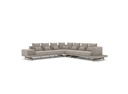 Sofà design grigio imbottito in tessuto, divano angolare, arredamento soggiorno, nuovo.